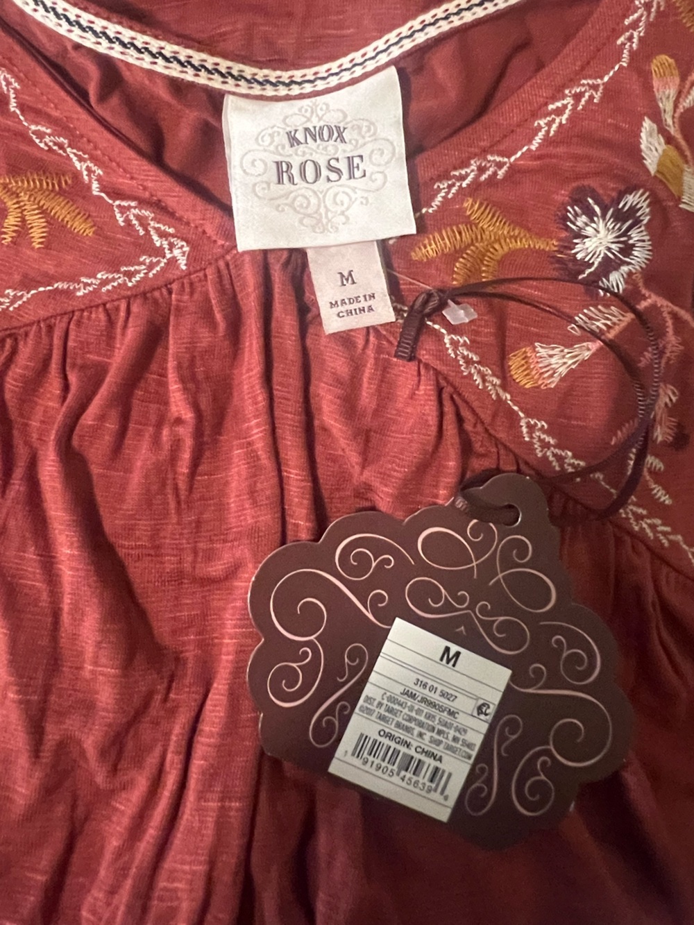 NEW Knox Rose Embroidered Cap Sleeve Top Rust M - Picture 3 of 3
